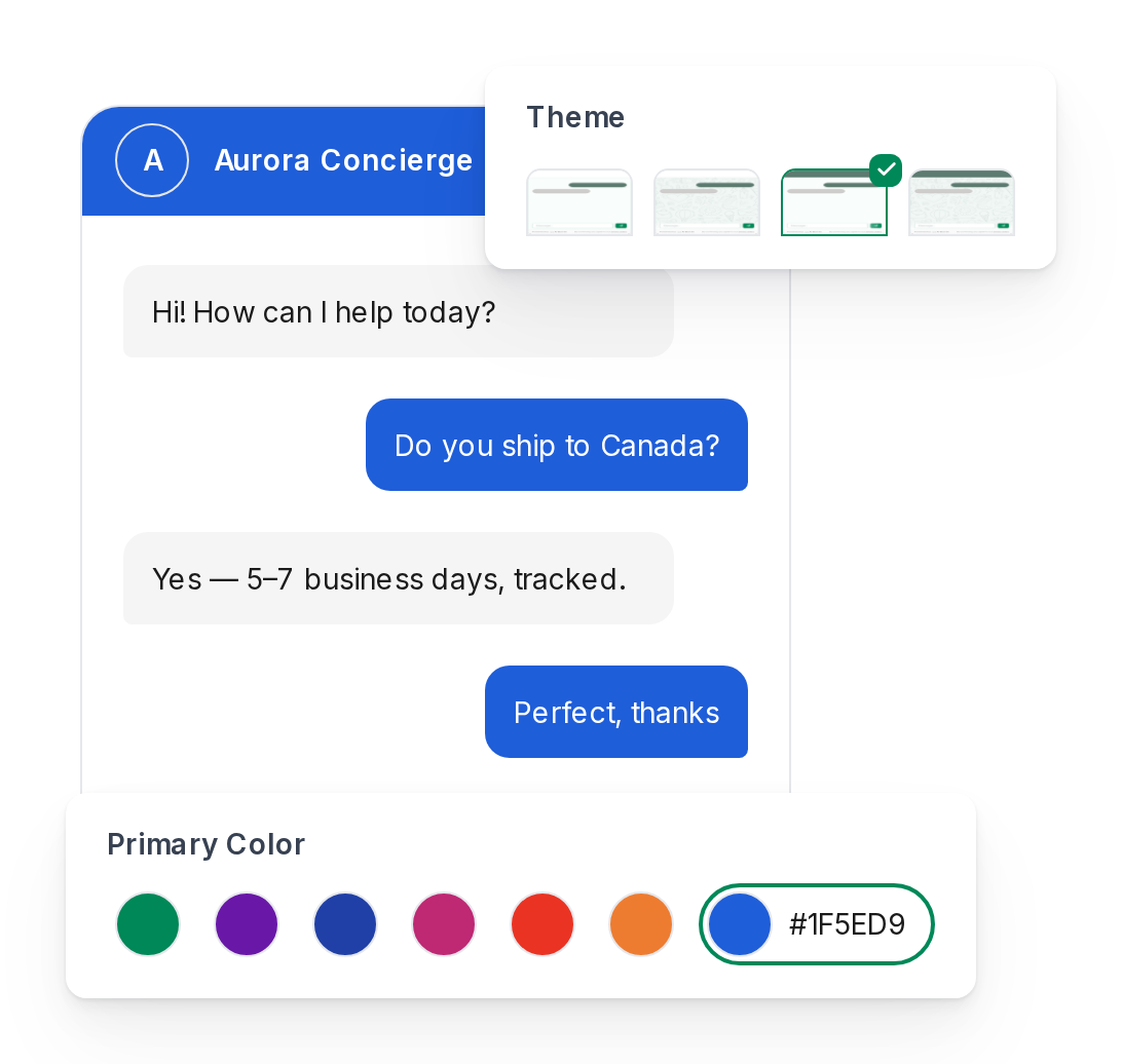 The Aurora Concierge chat widget in the shop’s own blue, with the third theme ticked and the custom blue colour ringed in the Styles panel.