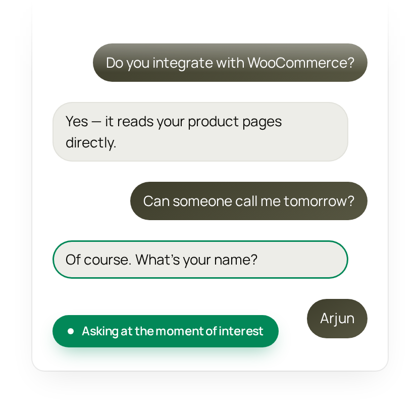 A chat in which the assistant answers a WooCommerce question, then asks the visitor for their name when they ask for a call.
