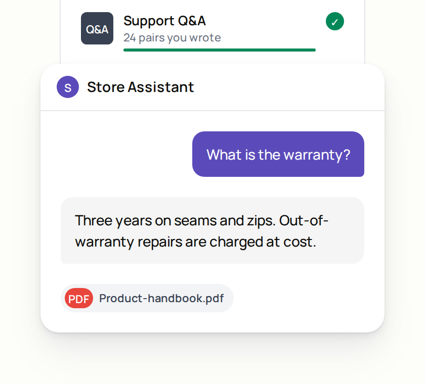 A list of four training sources, all read, with the assistant’s warranty answer in front of it, tagged with the handbook it came from.