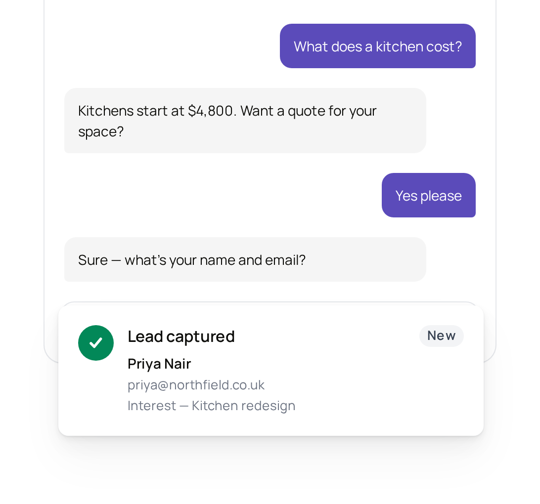 The Northfield Assistant chat widget answering a pricing question, with a Lead captured card showing Priya Nair’s name, email and interest.